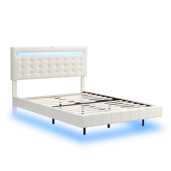 Full Size Floating Bed Frame with LED Lights and USB Charging,Modern Upholstered Platform LED Bed Frame