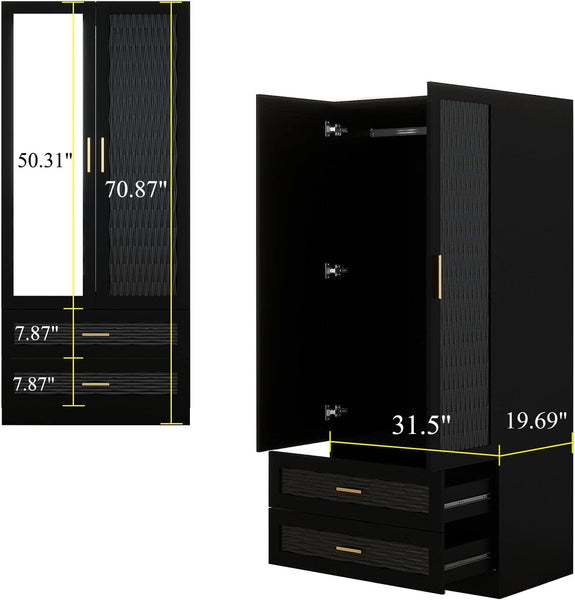 Modern Wooden Armoire Wardrobe Closet with 2 Doors, Hanging Rods, 2 Drawers, Mirror, Shelving for Bedroom Large Capacity Clothes Storage Wardrobe Black 31.5" W x 19.69" D x 70.87" H