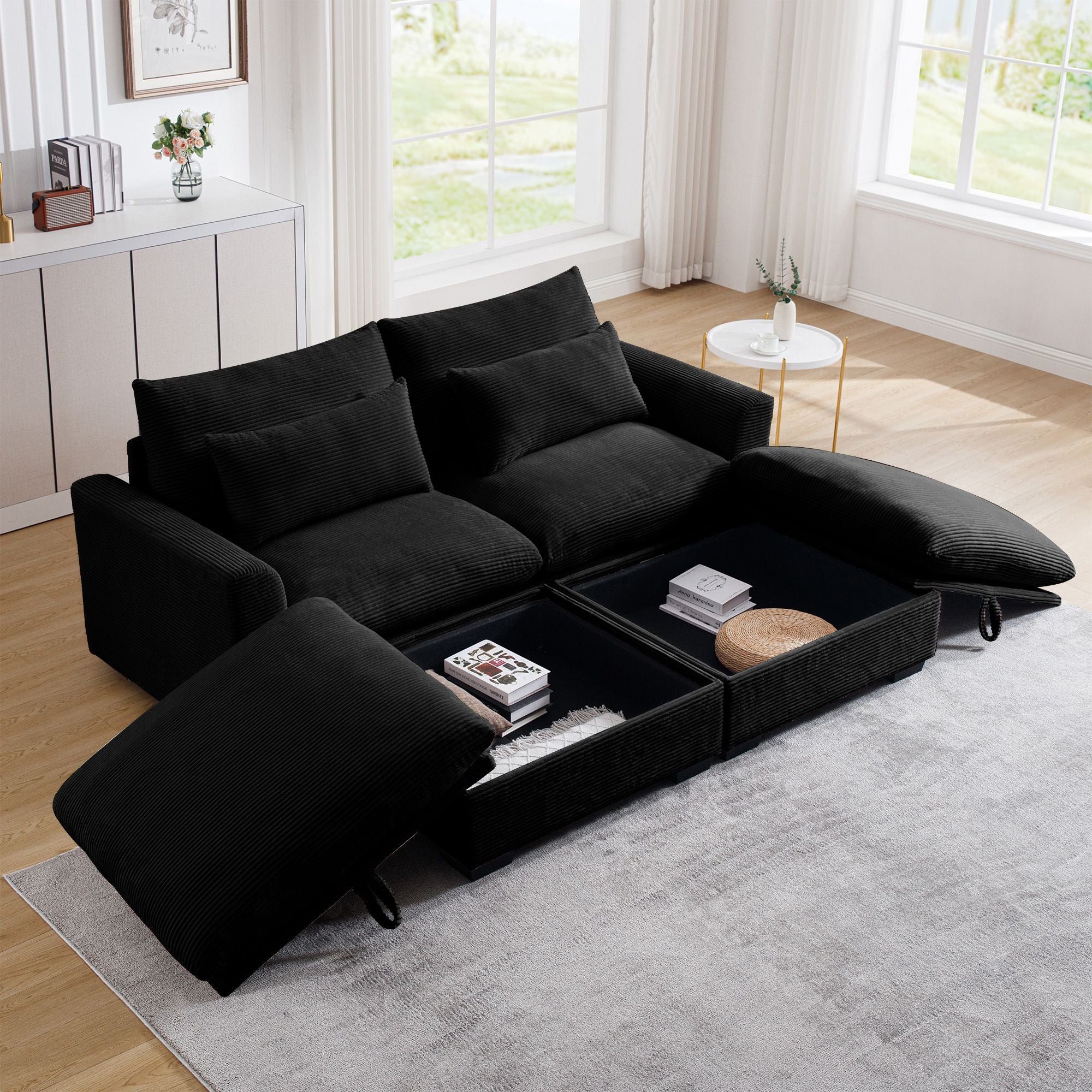 Corduroy Two-Seater Sofa with 2 Storage Footrest,2 Seater Sectional deep seat sofa,Comfy Couches for Living Room,Black Sofa