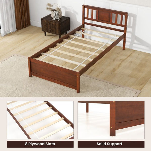 Wooden Platform Bed with Headboard and Wood Slat Support