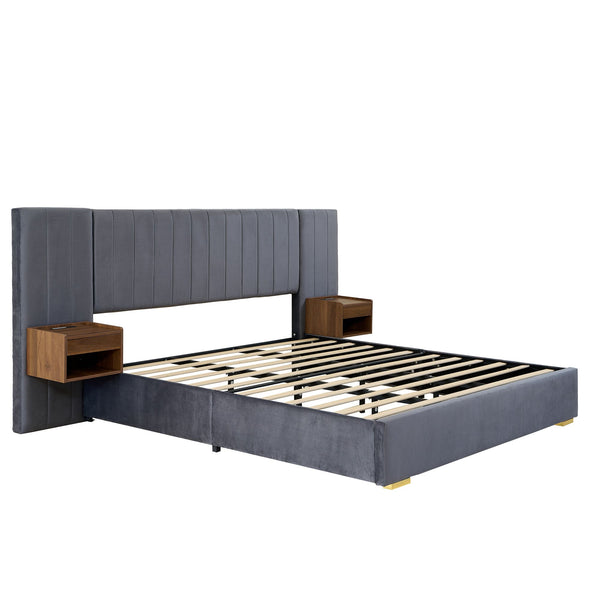 Upholstered King Size Bed Frame of Velvet Tufted Headboard with Floating Nightstand LED/USB Built-in, Grey