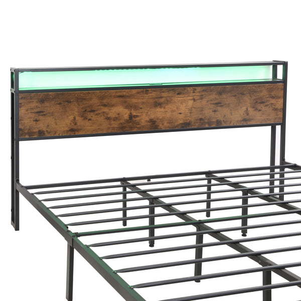 Industrial King Bed Frame with LED Lights and 2 USB Ports, Bed Frame King Size with Storage, Noise Free, No Box Spring Needed, Rustic Brown