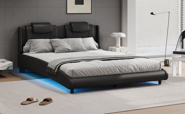 Modern Style Faux Leather Upholstered Platform Bed Frame with LED Light and Adjustable Headboard, No Box Spring Needed, Full Size, Black