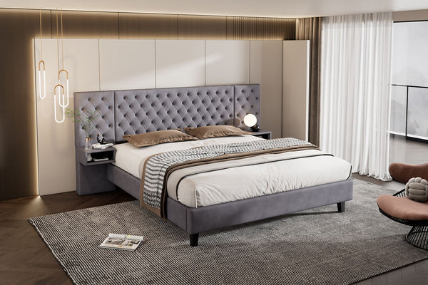 King Size Platform Bed with Headboard, Modern Velvet Upholstered Platform Bed with 2 Nightstands, with diamond tufted, Grey