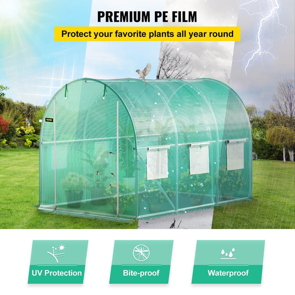 VEVOR Walk-in Tunnel Greenhouse, 9.8 x 6.6 x 6.6 ft Portable Plant Hot House w/ Galvanized Steel Hoops, 1 Top Beam, Diagonal Poles, Zippered Door & 6 Roll-up Windows, Green