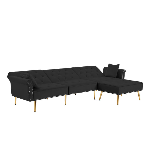 Modern Velvet Upholstered Reversible Sectional Sofa Bed ; L-Shaped Couch with Movable Ottoman and Nailhead Trim For Living Room. (Black)