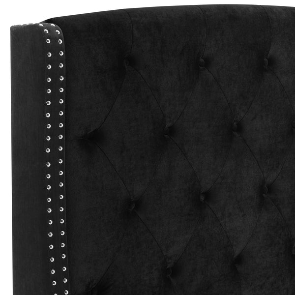 Summit Wingback Tufted Upholstered Bed with Nailhead, Queen size, Black