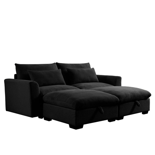 Corduroy Two-Seater Sofa with 2 Storage Footrest,2 Seater Sectional deep seat sofa,Comfy Couches for Living Room,Black Sofa