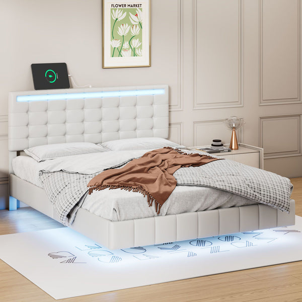 Full Size Floating Bed Frame with LED Lights and USB Charging,Modern Upholstered Platform LED Bed Frame