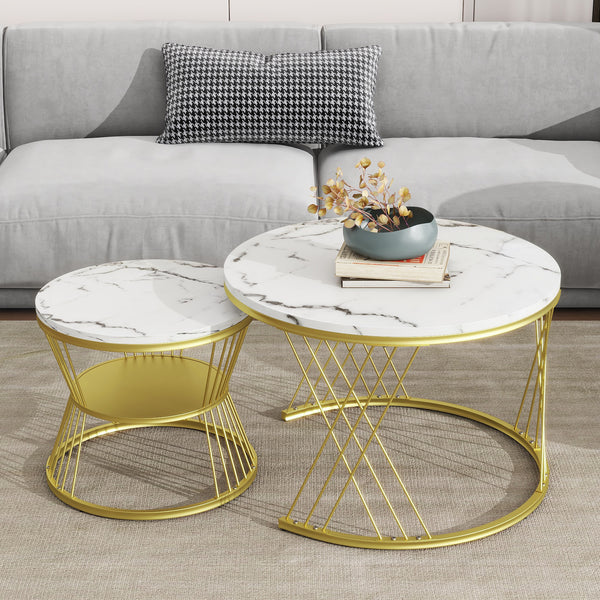 [VIDEO provided] ON-TREND Φ27.5'' & Φ17.7'' Nesting Coffee Table with Marble Grain Table Top, Golden Iron Frame Round Coffee Table, Set of 2, for Living Room, Balcony, White