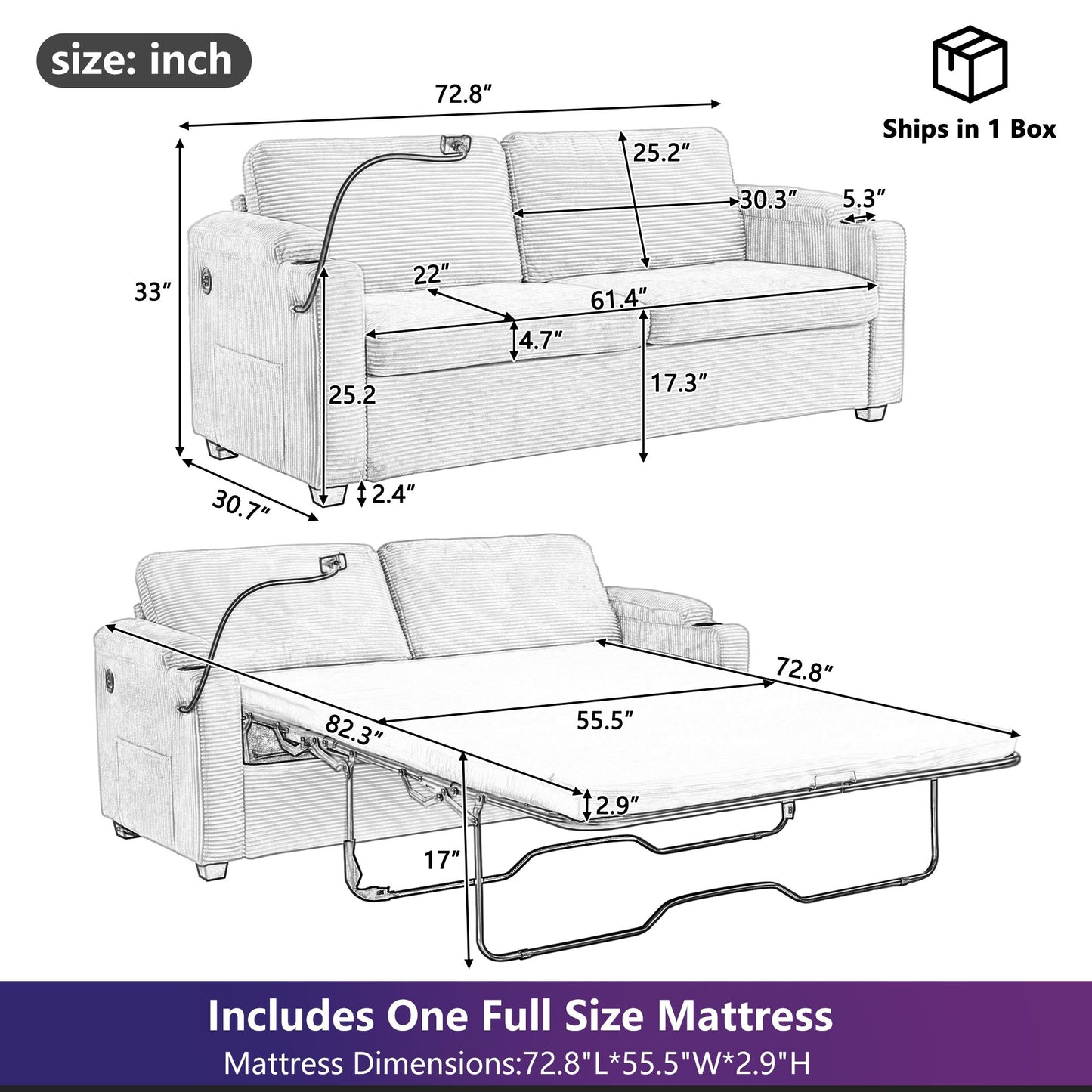 72.8" Corduroy Sleeper Sofa Loveseat Sofa with Full Size Mattress, Two USB Ports, Two Cup Holders, Two Side Pockets and a Phone Holder for Living Room, Navy Blue