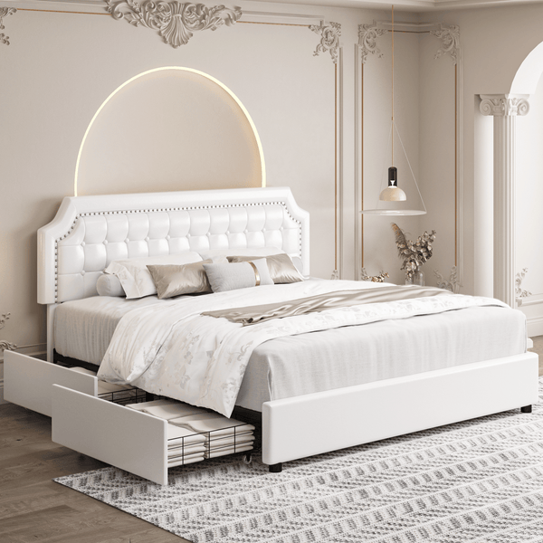 King Bed Frame, PU Fabric Upholstered Platform Bed Frame with Adjustable Headboard, Diamond Tufted Mattress Foundation with Wood Slats, Easy Assembly, No Box Spring Needed,White