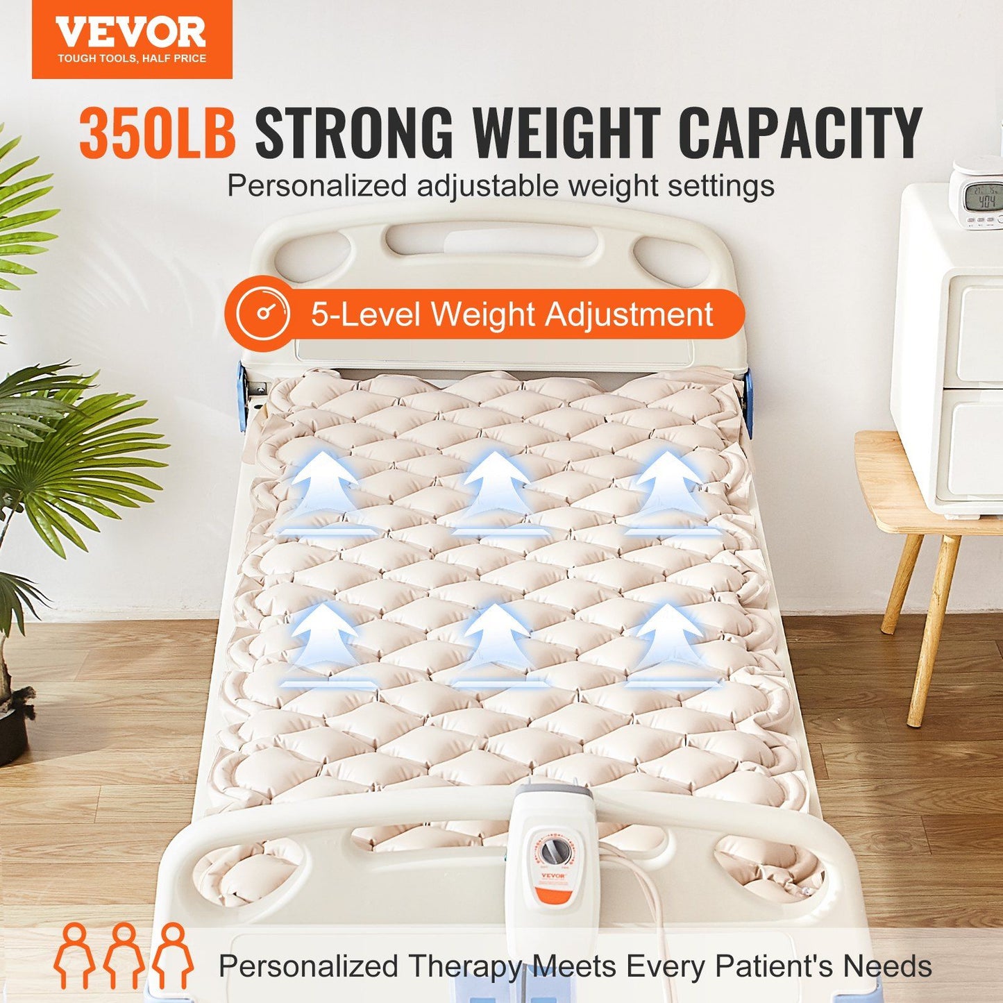 VEVOR Alternating Air Pressure Mattress, 5-Level Pressure Adjustable Air Mattress for Bed Sores, Medical-Grade PVC Alternating Pressure Pad with Ultra-Quiet Pump for Home/Hospital Use, 350LBS Loading