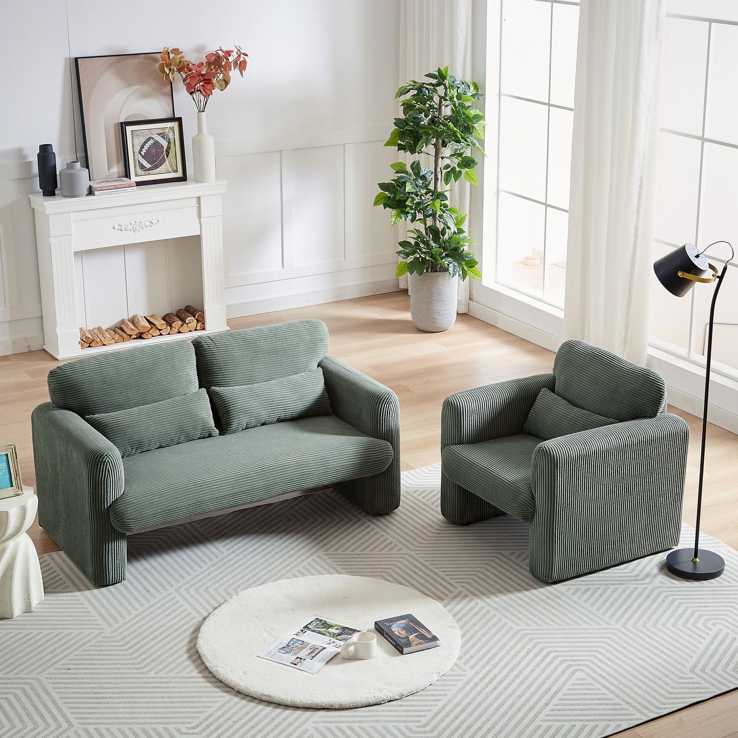 60"Corduroy Fabric Sofa with 33" Single Sofa, Modern Sofa with Support Pillow , for Apartment, Office, Living Room & Bedroom