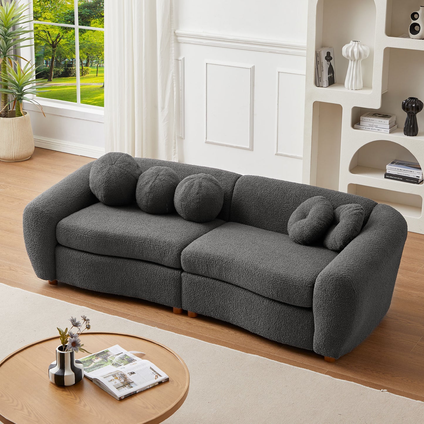 87.7\" Modern Curved Sofa, Back Upholstered Couch with 5 Decorative Throw Pillows, Teddy Fabric Couch for Living Room, Office, Apartment