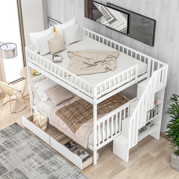 Full over Full Bunk Bed with Two Drawers and Storage, White