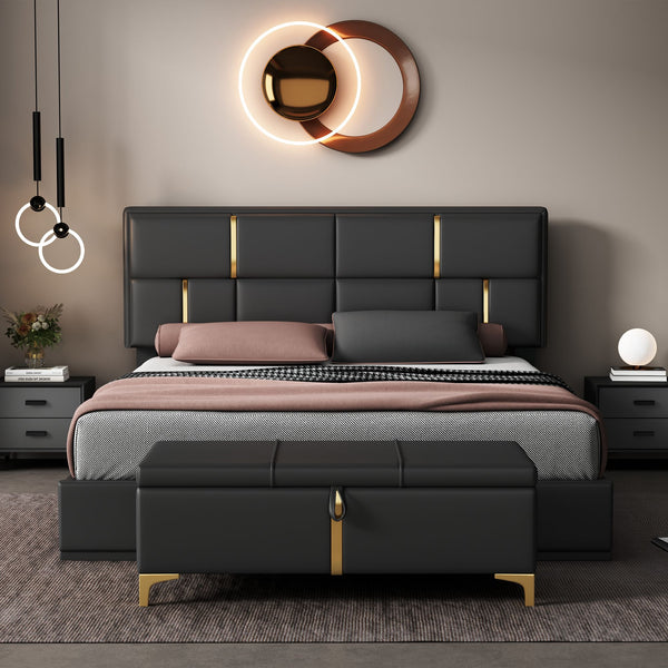 2-Pieces Bedroom Sets,Queen Size Upholstered Platform Bed with Hydraulic Storage System,Storage Ottoman with Metal Legs,Black