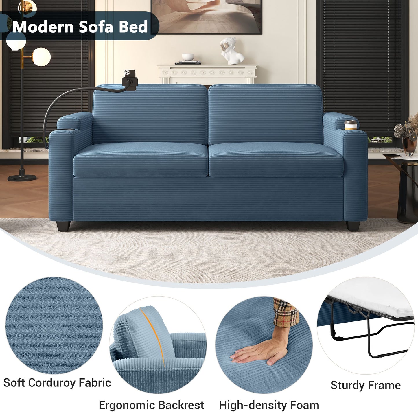 72.8" Corduroy Sleeper Sofa Loveseat Sofa with Full Size Mattress, Two USB Ports, Two Cup Holders, Two Side Pockets and a Phone Holder for Living Room, Navy Blue