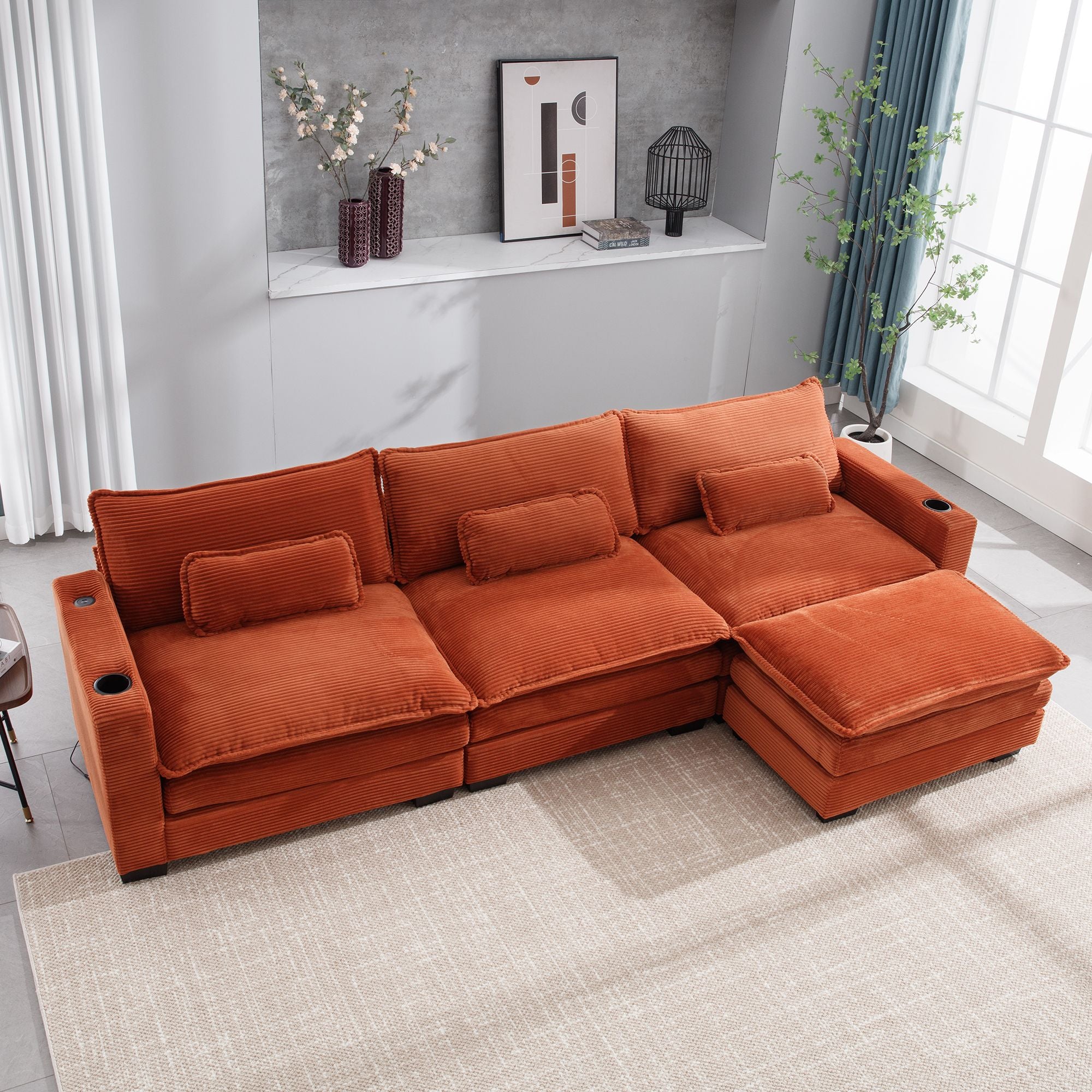 L Shape Sofa Couch with USB & Cup Holders, Corduroy Stripe Fabric 3 Seater Sofa with 1 Ottoman, Orange