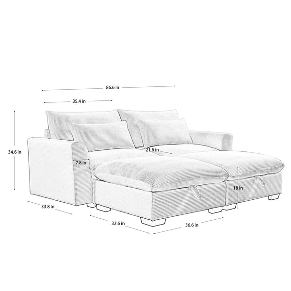 Corduroy Two-Seater Sofa with 2 Storage Footrest,2 Seater Sectional deep seat sofa,Comfy Couches for Living Room,Black Sofa