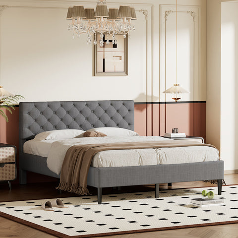 Upholstered Linen Platform Bed, Queen Size