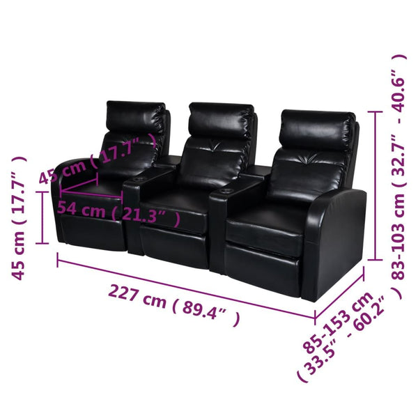 3-Seater Home Theater Recliner Sofa Black Faux Leather