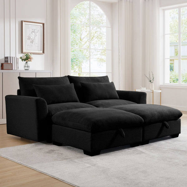 Corduroy Two-Seater Sofa with 2 Storage Footrest,2 Seater Sectional deep seat sofa,Comfy Couches for Living Room,Black Sofa