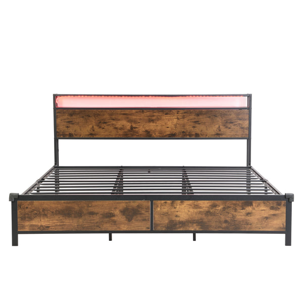 Industrial King Bed Frame with LED Lights and 2 USB Ports, Bed Frame King Size with Storage, Noise Free, No Box Spring Needed, Rustic Brown