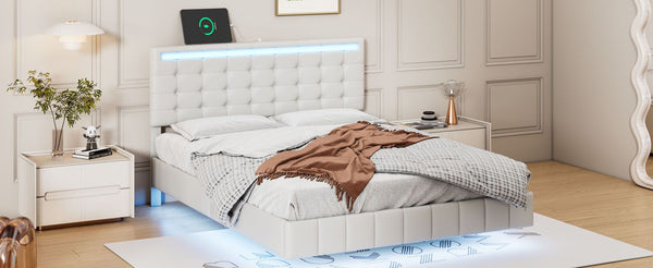 Full Size Floating Bed Frame with LED Lights and USB Charging,Modern Upholstered Platform LED Bed Frame