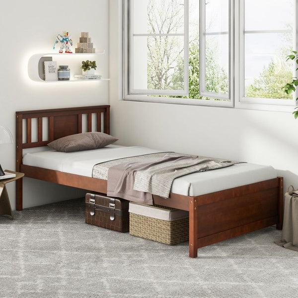 Wooden Platform Bed with Headboard and Wood Slat Support