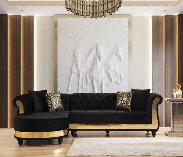 Julia Gold Detailed Tufted Upholstery Sectional made with Wood In Black