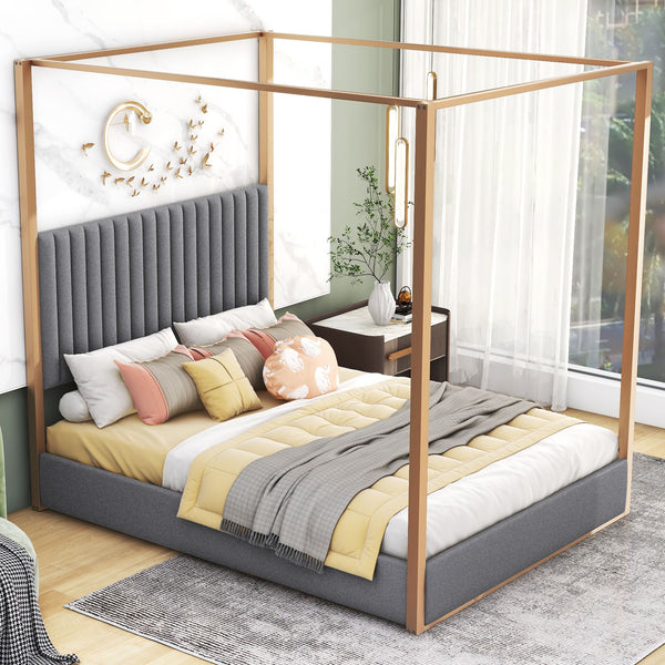 Queen Size Upholstery Canopy Platform Bed with Headboard and Metal Frame, Gray