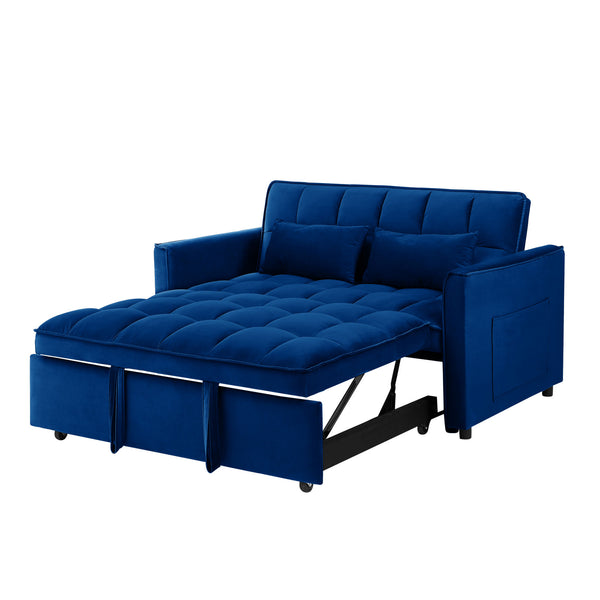 55.1-inch 3-in-1 convertible sofa bed, modern velvet double sofa Futon sofa bed with adjustable back, storage bag and pillow, for living room, bedroom (blue)