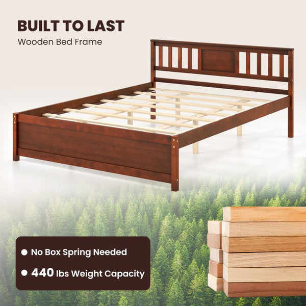 Wooden Platform Bed with Headboard and Wood Slat Support