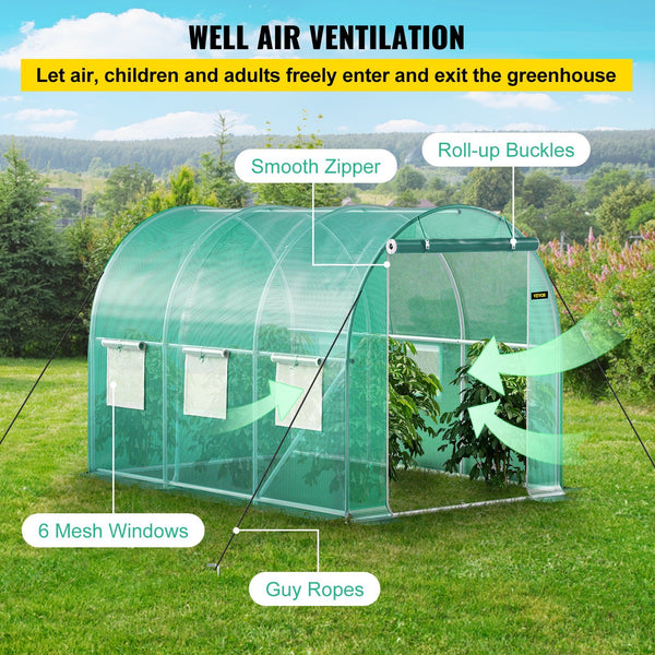 VEVOR Walk-in Tunnel Greenhouse, 9.8 x 6.6 x 6.6 ft Portable Plant Hot House w/ Galvanized Steel Hoops, 1 Top Beam, Diagonal Poles, Zippered Door & 6 Roll-up Windows, Green