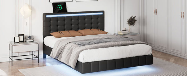 Full Size Floating Bed Frame with LED Lights and USB Charging,Modern Upholstered Platform LED Bed Frame