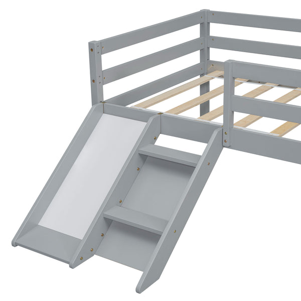 Twin Low Loft Bed with Slide, Ladder, Safety Guardrails, No Box Spring Needed,Grey