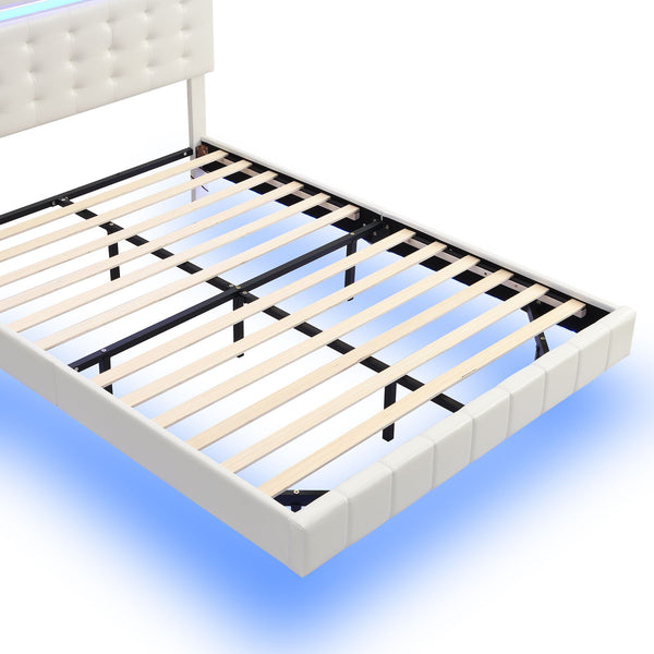 Full Size Floating Bed Frame with LED Lights and USB Charging,Modern Upholstered Platform LED Bed Frame