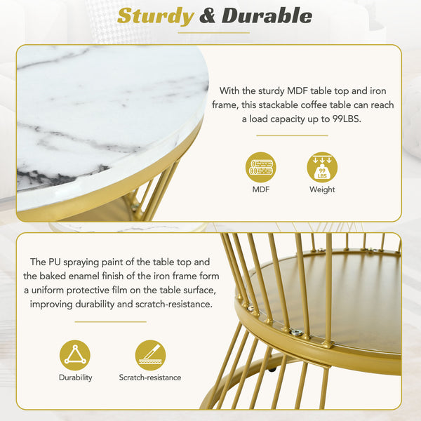 [VIDEO provided] ON-TREND Φ27.5'' & Φ17.7'' Nesting Coffee Table with Marble Grain Table Top, Golden Iron Frame Round Coffee Table, Set of 2, for Living Room, Balcony, White