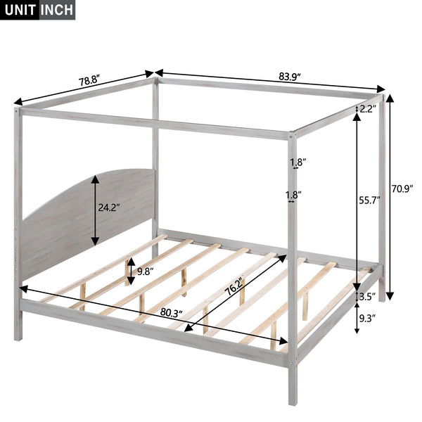 King Size Canopy Platform Bed with Headboard and Support Legs, Grey Wash