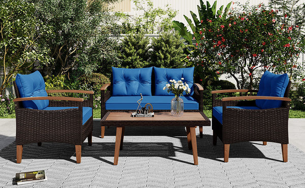 4-Piece Garden Furniture; Patio Seating Set; PE Rattan Outdoor Sofa Set; Wood Table and Legs; Brown and Beige