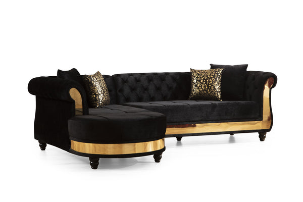 Julia Gold Detailed Tufted Upholstery Sectional made with Wood In Black