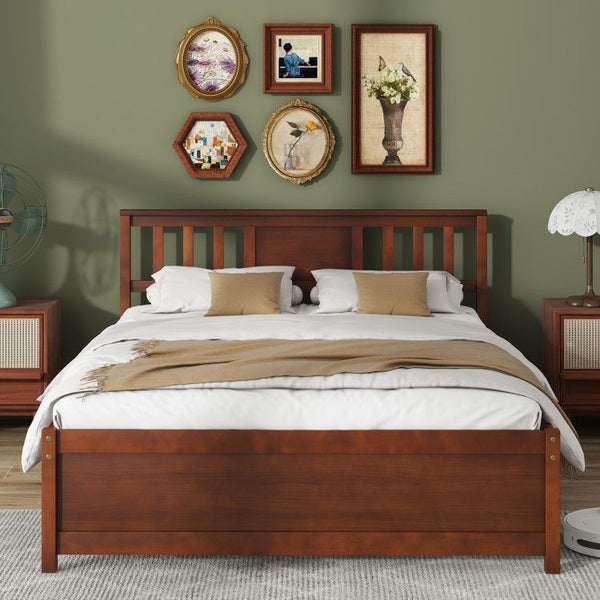 Wooden Platform Bed with Headboard and Wood Slat Support