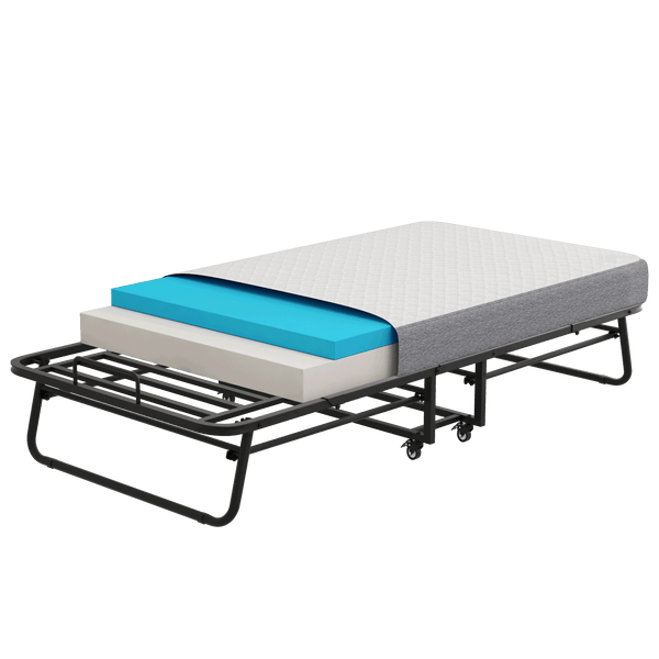 Folding Bed with Mattress 75" x 38" Rollaway Guest Bed Portable Foldable Bed for Adults with 5" Memory Foam Mattress Space-Saving Sturdy All Metal Steel Pipe Frame