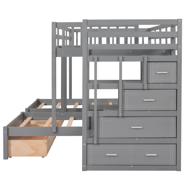 Full Over Twin & Twin Bunk Bed, Wood Triple Bunk Bed with Drawers and Guardrails (Gray)