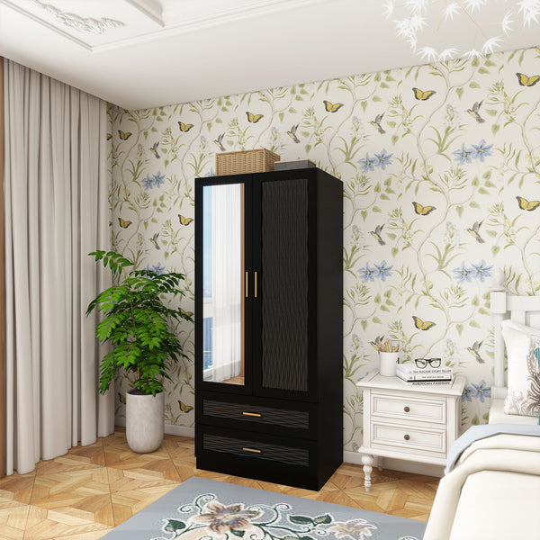 Modern Wooden Armoire Wardrobe Closet with 2 Doors, Hanging Rods, 2 Drawers, Mirror, Shelving for Bedroom Large Capacity Clothes Storage Wardrobe Black 31.5" W x 19.69" D x 70.87" H