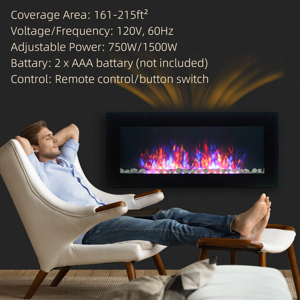 HOMCOM 41.3" 1500W Electric Wall-Mounted Fireplace with Flame Effect, 7 Color Background Light, Black