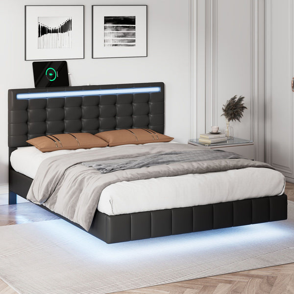 Full Size Floating Bed Frame with LED Lights and USB Charging,Modern Upholstered Platform LED Bed Frame