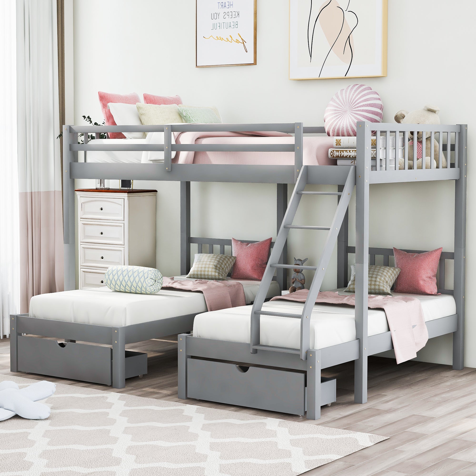 Full Over Twin & Twin Bunk Bed, Wood Triple Bunk Bed with Drawers and Guardrails, Gray (OLD SKU: LP000143AAE)