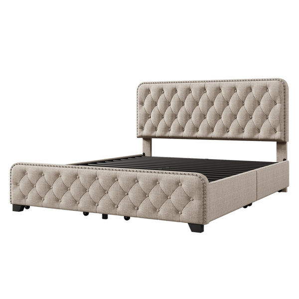 Upholstered Platform Bed Frame with Four Drawers, Button Tufted Headboard and Footboard Sturdy Metal Support, No Box Spring Required, Beige, Queen (Old sku:BS300279AAA)